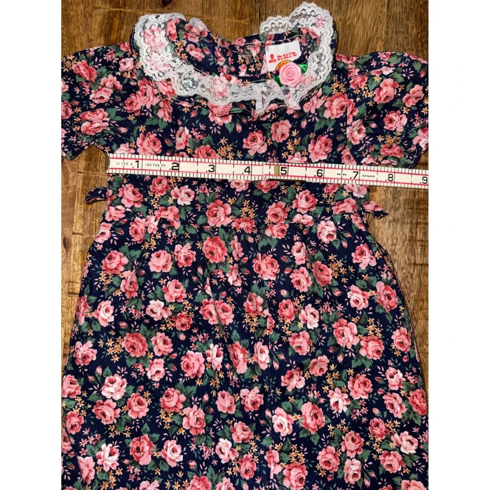 Vintage Winnie The Pooh Baby Girls Floral Romper Navy Pink Lace Collar 9 Months